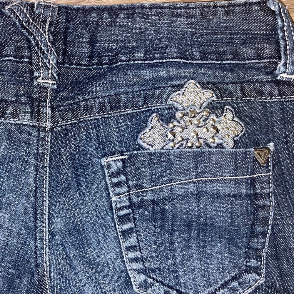 Guess: Boot Cut Cross Embellished Jeans with Chain loops
